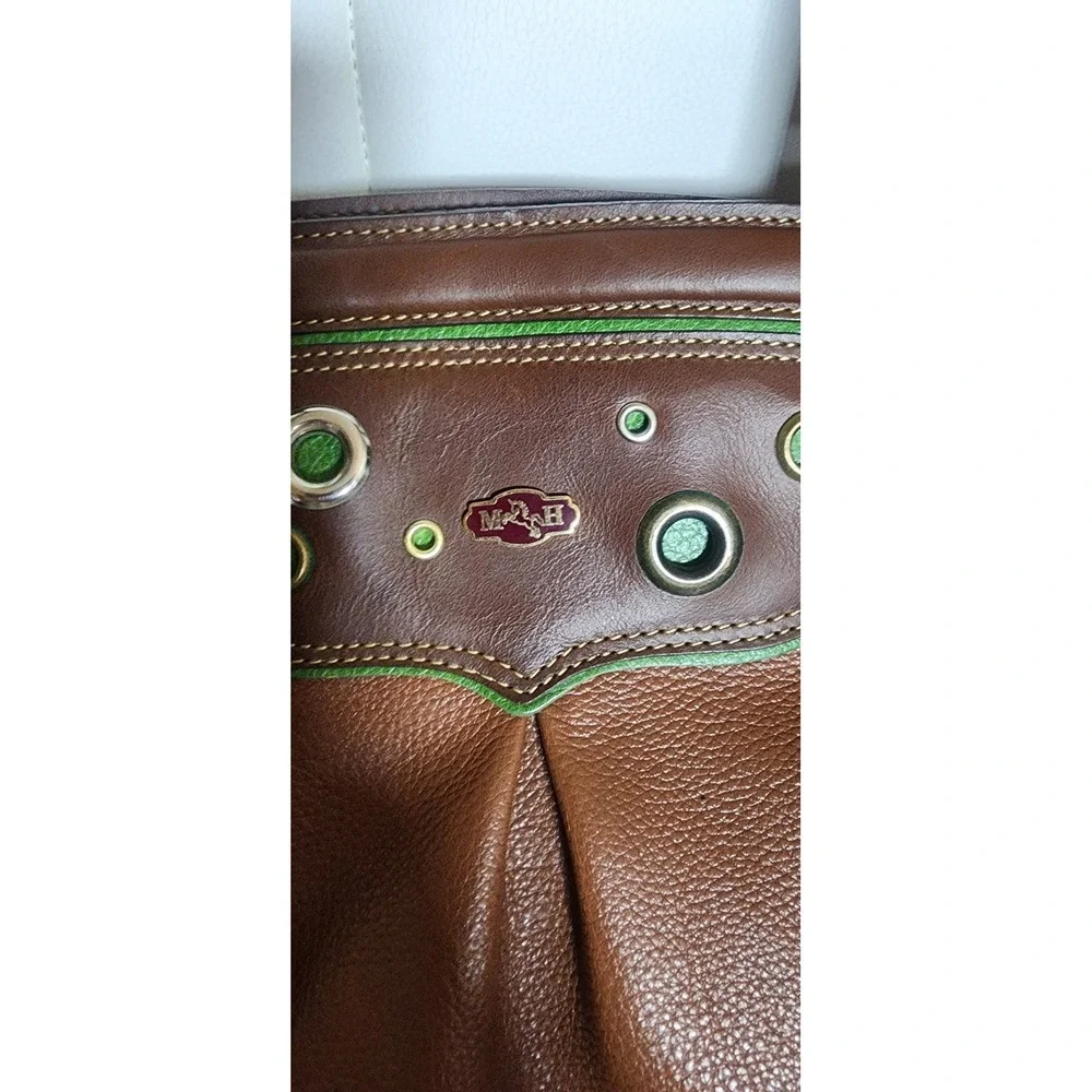 M&H Brown Leather Western‎ Shoulder Bag Cowhide Accents Green Piping Satchel